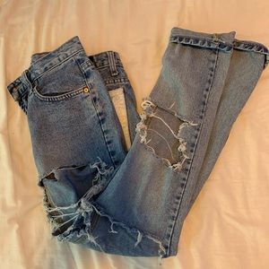 l.e.i. heavily distressed straight leg “mom” jeans